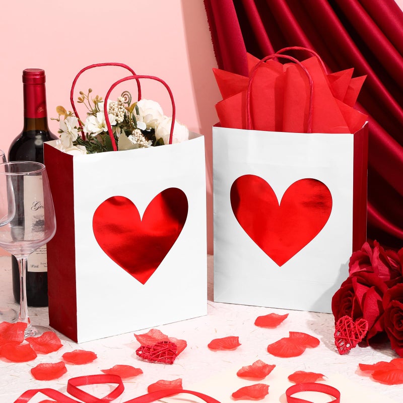 Teling 24 Pack Valentine's Day Gift Bags with Tissue Paper Red Foil Heart Goodie Bags with Handles for Valentine Gifts Giving Wrapping Anniversary Couple Dating, 9 x 7 x 3.15 Inch(White,Red) - Image 4