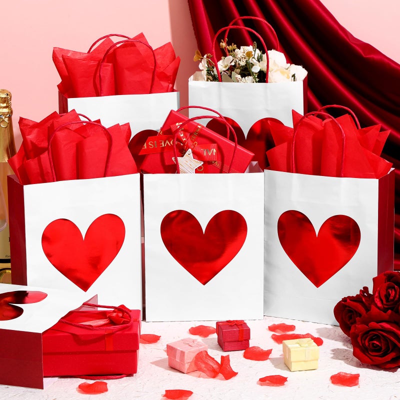 Teling 24 Pack Valentine's Day Gift Bags with Tissue Paper Red Foil Heart Goodie Bags with Handles for Valentine Gifts Giving Wrapping Anniversary Couple Dating, 9 x 7 x 3.15 Inch(White,Red) - Image 5