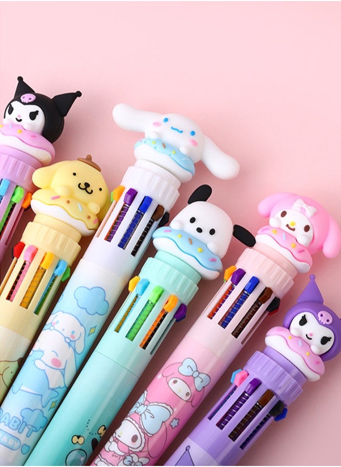 Merrystick - 6pcs Kitty Cat 10-in-1 Multicolor Ballpoint Pen 10-Color Retractable Ballpoint Pens for Office School Supplies Cute Stationery Students Children Gift (Pen-10 in 1 B) - Image 1