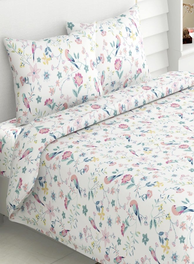 haus & kinder Bedsheet King Size 100% Pure Cotton Floral Bed Sheet with 2 Pillow Covers, 186 TC 108x108 Inches Bedding Set, Soft Breathable Cozy Flat Sheet, Exotic Wings, White - Image 1
