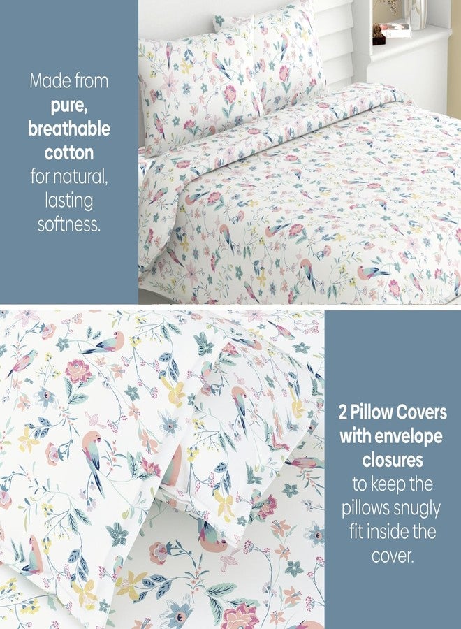 haus & kinder Bedsheet King Size 100% Pure Cotton Floral Bed Sheet with 2 Pillow Covers, 186 TC 108x108 Inches Bedding Set, Soft Breathable Cozy Flat Sheet, Exotic Wings, White - Image 2