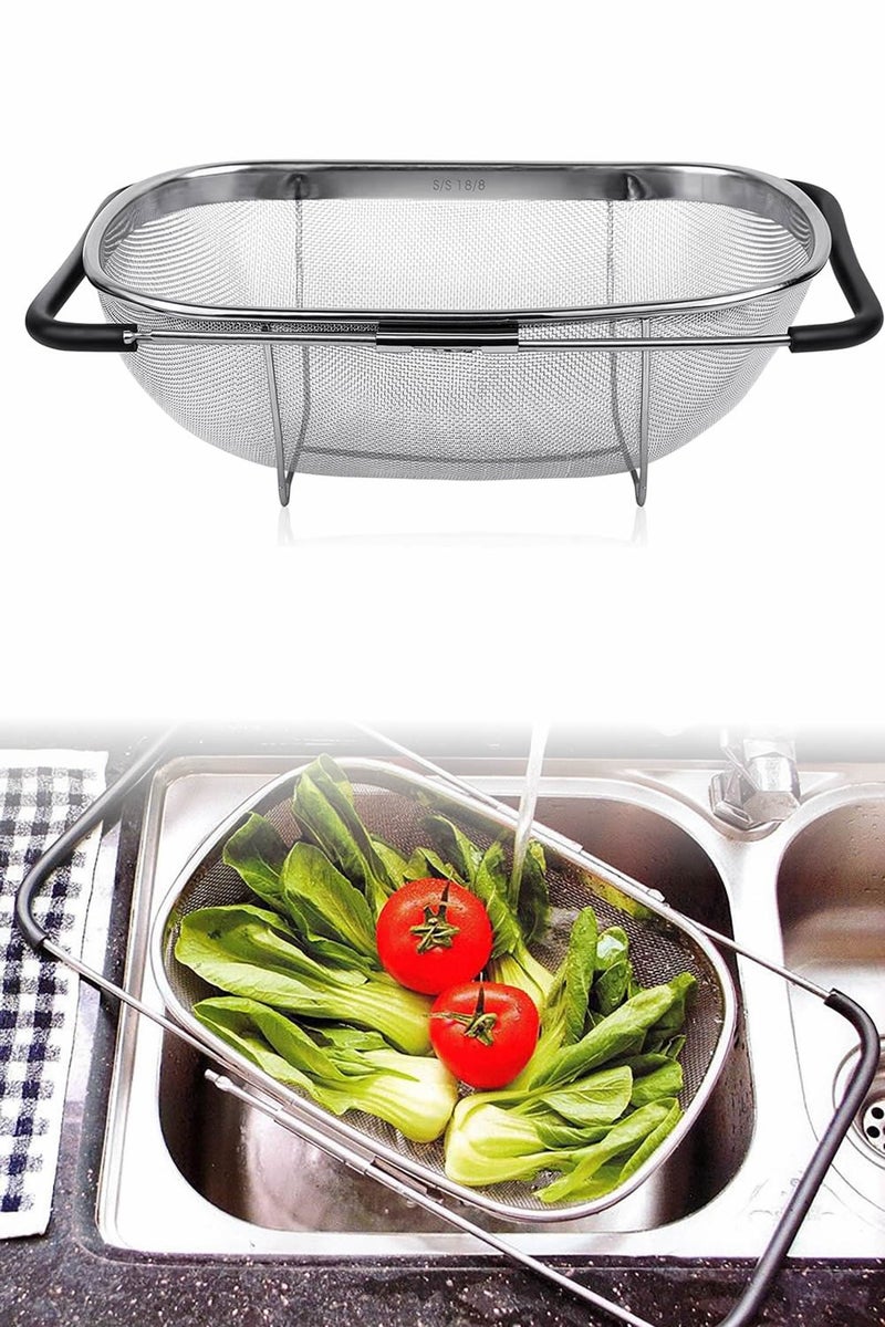 Over The Sink Stainless Steel Oval Colander with Fine Mesh 6 Quart Strainer Basket & Expandable Rubber Grip Handles - Image 1