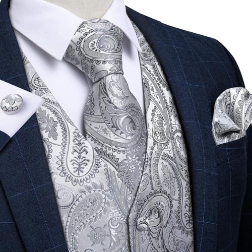DiBanGu Mens Vest and Tie Set Formal Paisley Waistcoat and Necktie Pocket Square Cufflinks Silk Suit Vest for Tuxedo Wedding, Silver Grey, Medium - Image 4