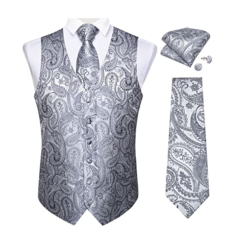 DiBanGu Mens Vest and Tie Set Formal Paisley Waistcoat and Necktie Pocket Square Cufflinks Silk Suit Vest for Tuxedo Wedding, Silver Grey, Medium - Image 1