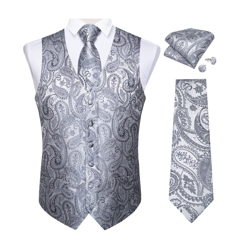 DiBanGu Mens Vest and Tie Set Formal Paisley Waistcoat and Necktie Pocket Square Cufflinks Silk Suit Vest for Tuxedo Wedding, Silver Grey, Medium - Image 2