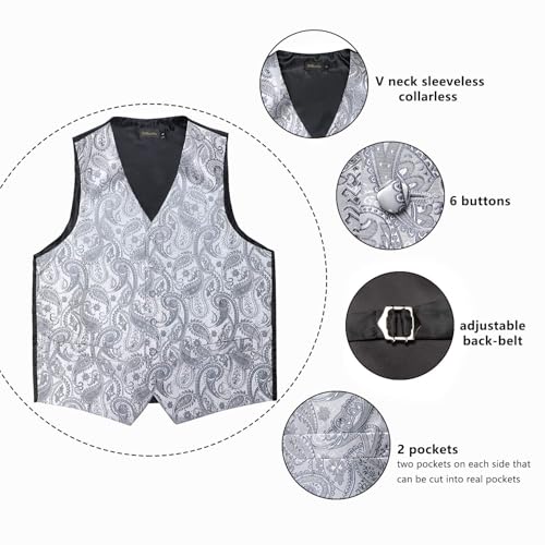 DiBanGu Mens Vest and Tie Set Formal Paisley Waistcoat and Necktie Pocket Square Cufflinks Silk Suit Vest for Tuxedo Wedding, Silver Grey, Medium - Image 5