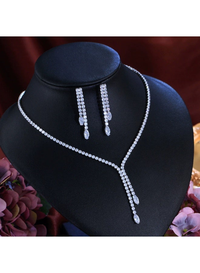 Ciara Sparkling Light Luxury Full Diamond Necklace Earrings Evening Bridal Wedding Accessories Set Chain Tassel Style Party Zircon Set - Image 5