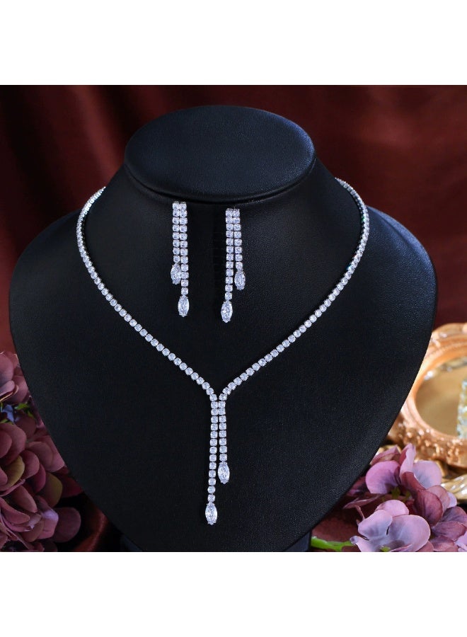 Ciara Sparkling Light Luxury Full Diamond Necklace Earrings Evening Bridal Wedding Accessories Set Chain Tassel Style Party Zircon Set - Image 1