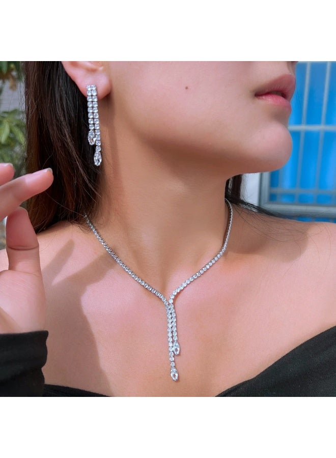 Ciara Sparkling Light Luxury Full Diamond Necklace Earrings Evening Bridal Wedding Accessories Set Chain Tassel Style Party Zircon Set - Image 2