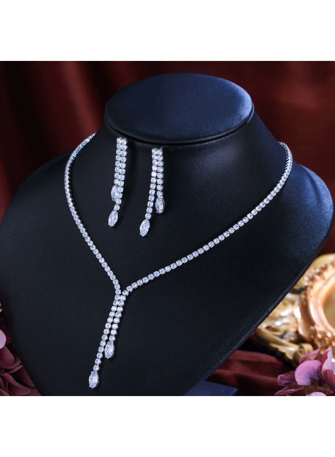 Ciara Sparkling Light Luxury Full Diamond Necklace Earrings Evening Bridal Wedding Accessories Set Chain Tassel Style Party Zircon Set - Image 4