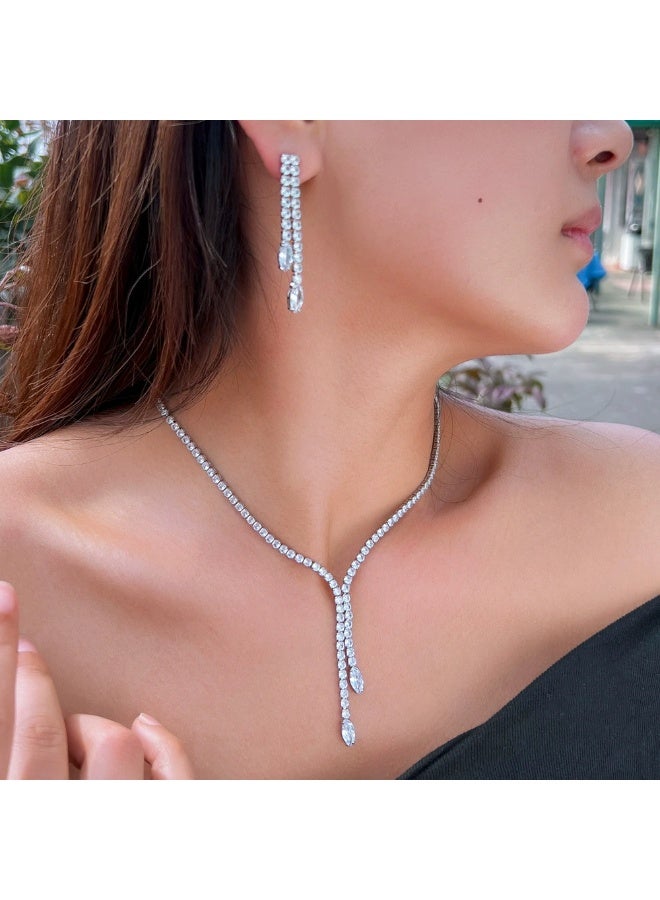 Ciara Sparkling Light Luxury Full Diamond Necklace Earrings Evening Bridal Wedding Accessories Set Chain Tassel Style Party Zircon Set - Image 3