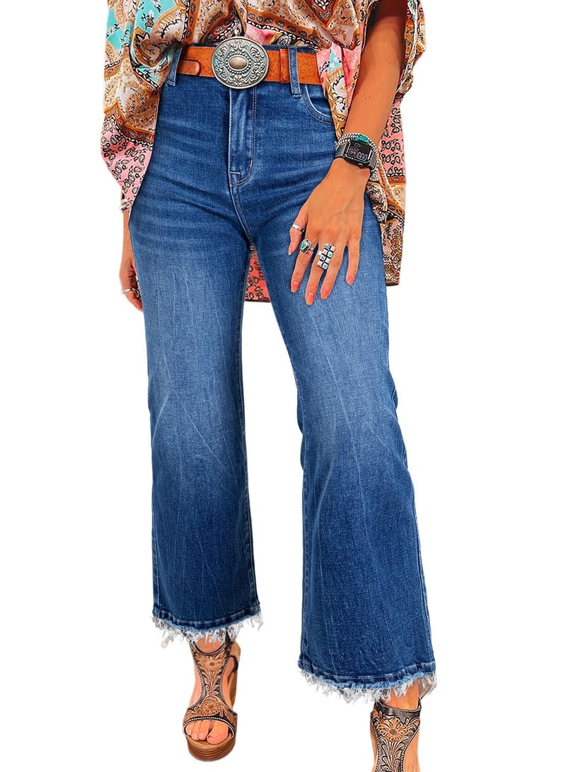 Astylish Womens Jeans High Waisted Ripped Wide Leg Bootcut Trousers Stretchy Vintage Ankle Denim Jeans Size 12 Blue - Image 1