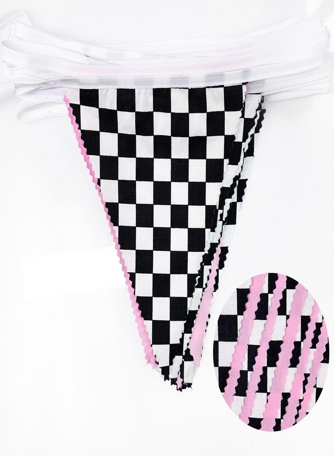 pinkblume 32Ft Racing Party Decorations Pink Black White Checkered Racing Car Fabric Banner Triangle Flag Pennant Garland Streamers for Kids Car Birthday Party Supplies Baby Shower NASCAR Picnic Outdoor Decor - Image 2