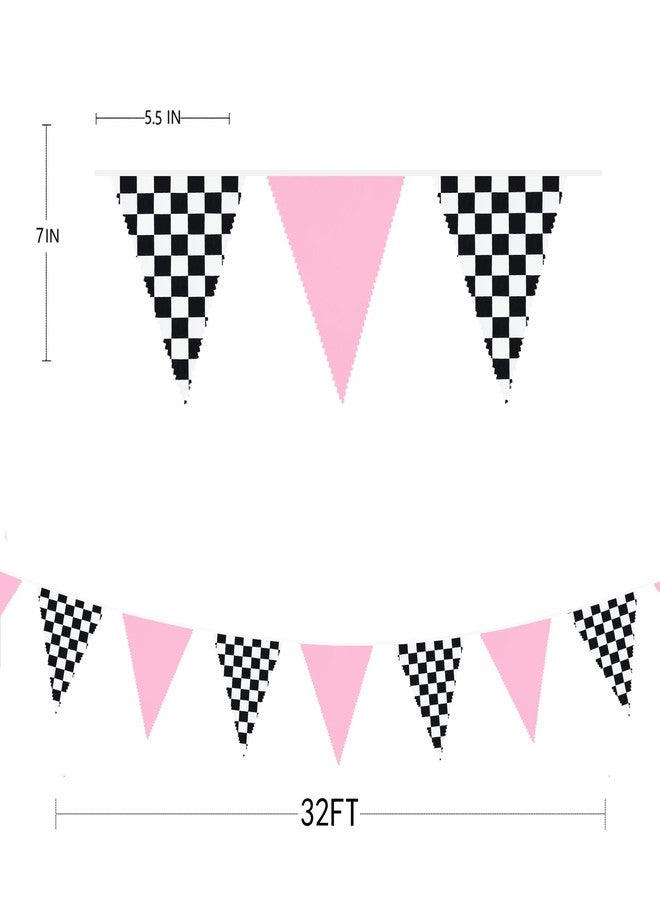 pinkblume 32Ft Racing Party Decorations Pink Black White Checkered Racing Car Fabric Banner Triangle Flag Pennant Garland Streamers for Kids Car Birthday Party Supplies Baby Shower NASCAR Picnic Outdoor Decor - Image 3