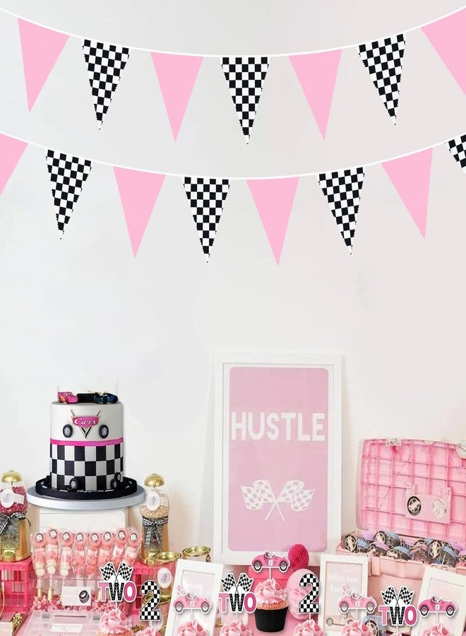 pinkblume 32Ft Racing Party Decorations Pink Black White Checkered Racing Car Fabric Banner Triangle Flag Pennant Garland Streamers for Kids Car Birthday Party Supplies Baby Shower NASCAR Picnic Outdoor Decor - Image 4