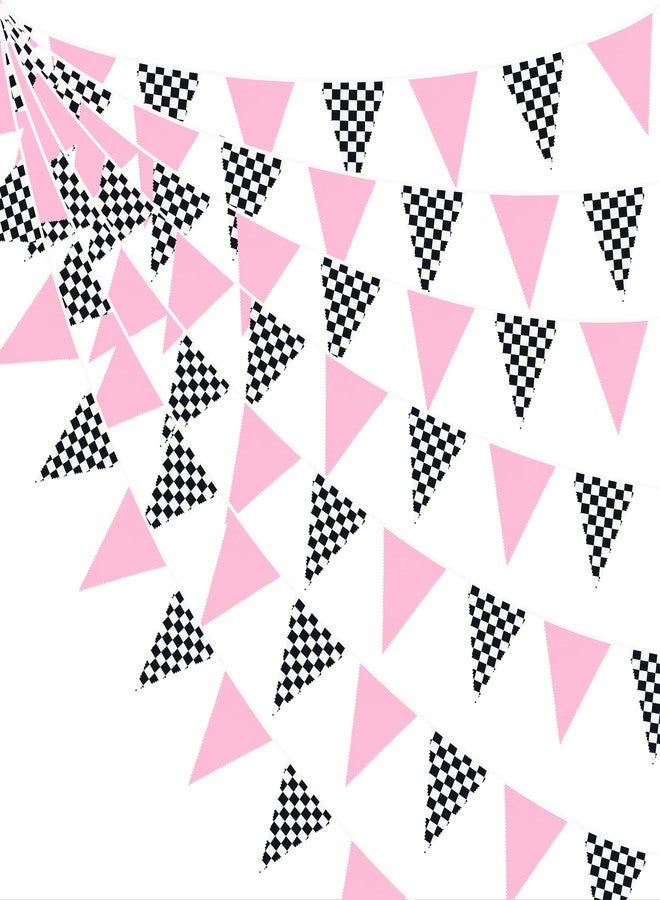 pinkblume 32Ft Racing Party Decorations Pink Black White Checkered Racing Car Fabric Banner Triangle Flag Pennant Garland Streamers for Kids Car Birthday Party Supplies Baby Shower NASCAR Picnic Outdoor Decor - Image 1