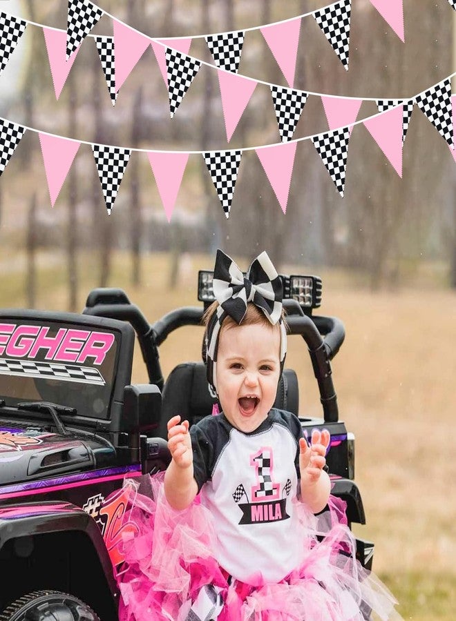 pinkblume 32Ft Racing Party Decorations Pink Black White Checkered Racing Car Fabric Banner Triangle Flag Pennant Garland Streamers for Kids Car Birthday Party Supplies Baby Shower NASCAR Picnic Outdoor Decor - Image 5