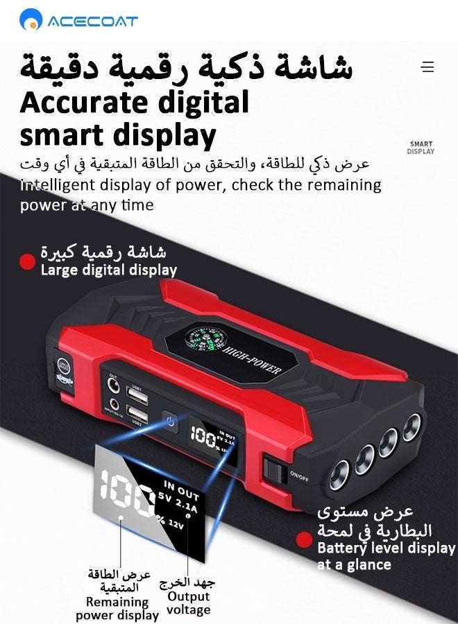 ايسكوت حزمة بطارية بادئ تشغيل السيارة بقدرة 28000 مللي أمبير في الساعة مقاومة للماء، بطارية بادئ تشغيل محمولة 200 وات، 12 فولت/1 أمبير، ضوء LED - Image 4