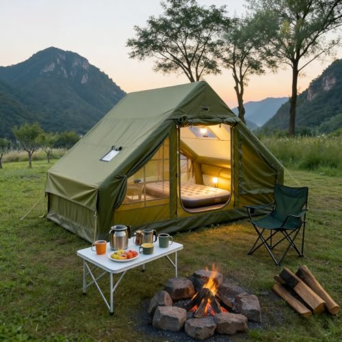 QUYUAN Inflatable Camping Tent, Glamping Blow Up Tent with Hand Pump for All-Season, 3 Mins Easy Setup, Waterproof Tens with Mesh Window for 4-6 Person, Suit for Family, Friend, Camp, Outdoor Gathering - Image 1