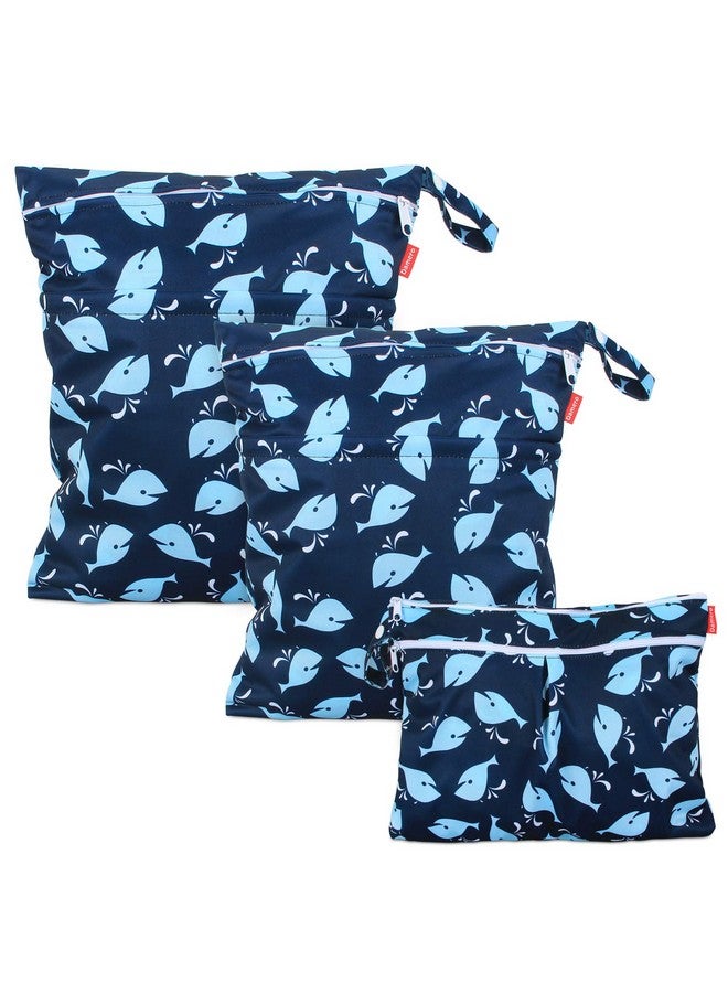 Damero 3Pcs Wet Dry Bag With 2 Zippered Pockets And Snap Handle For Cloth Diaper Swimsuit Clothes Ideal For Travel Exercise Daycare Roomy And Waterresistant (Whale) - Image 1