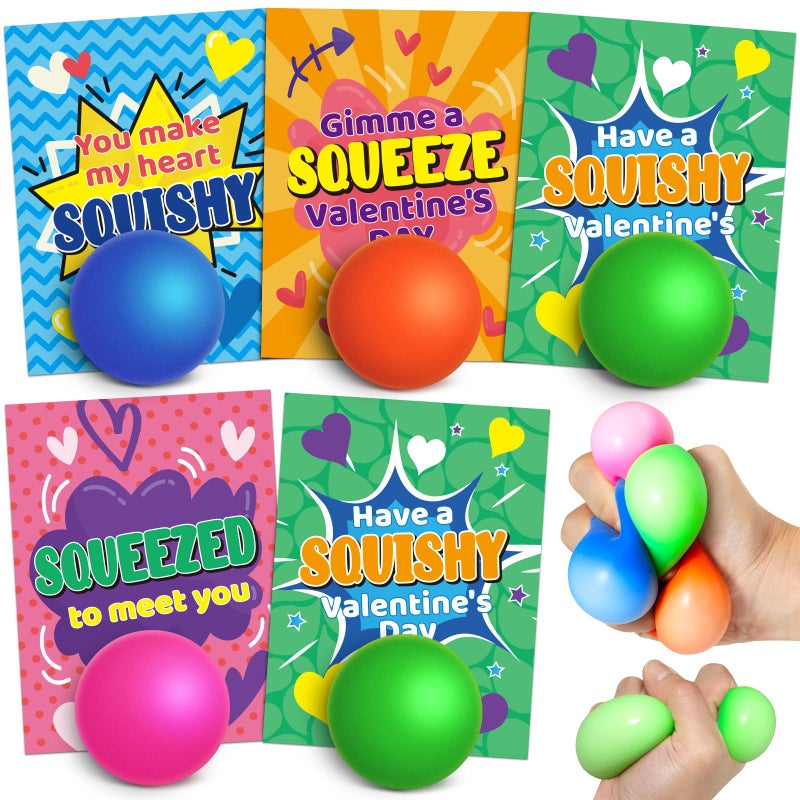 ShyLizard 28PCS Valentines' Day Gift Cards for Kids Classroom School Exchange, Bulk Valentines' Cards with Small Ball, Valentines' Small Relief Squeeze Toys for Valentine Party Favor, Valentines' Day Card - Image 1