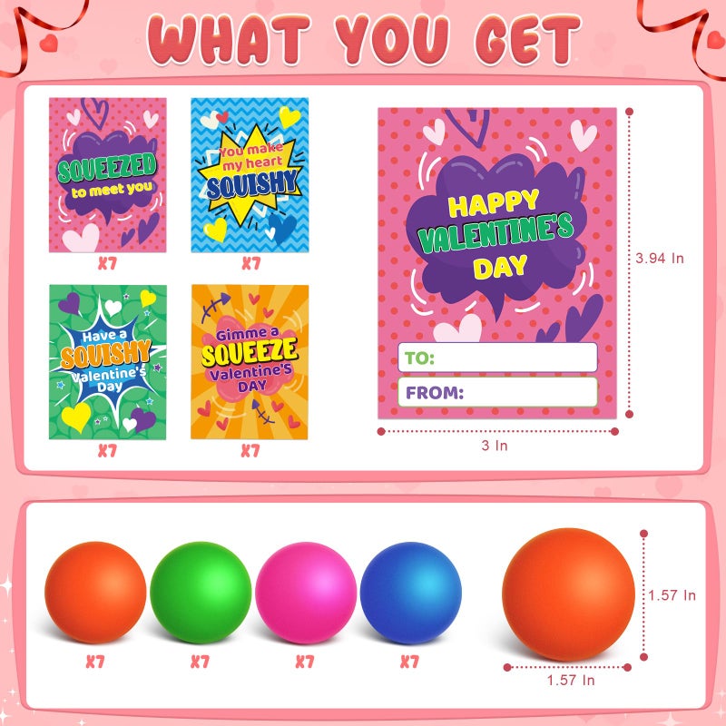 ShyLizard 28PCS Valentines' Day Gift Cards for Kids Classroom School Exchange, Bulk Valentines' Cards with Small Ball, Valentines' Small Relief Squeeze Toys for Valentine Party Favor, Valentines' Day Card - Image 2