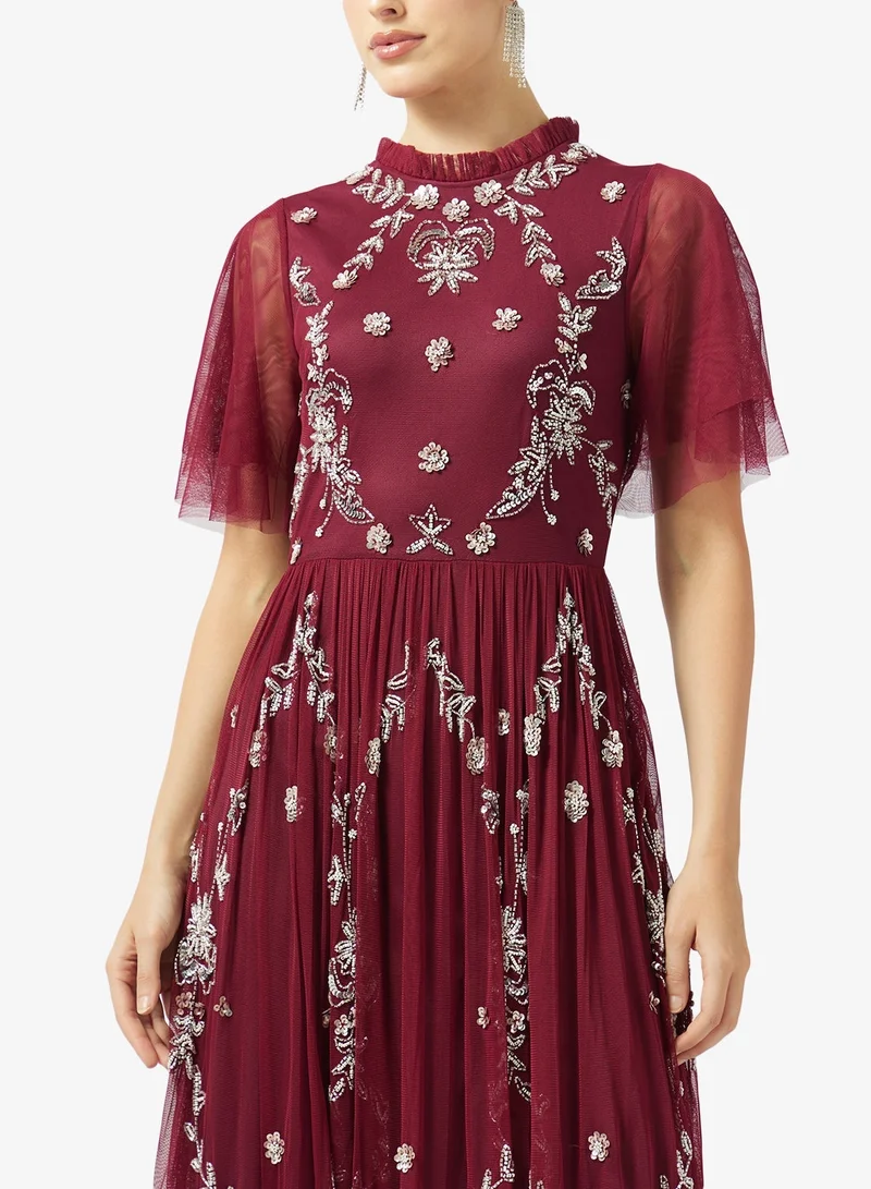 Frock And Frill  Embroidered Mesh Short Sleeve Maxi Dress for Women | Best Price UAE