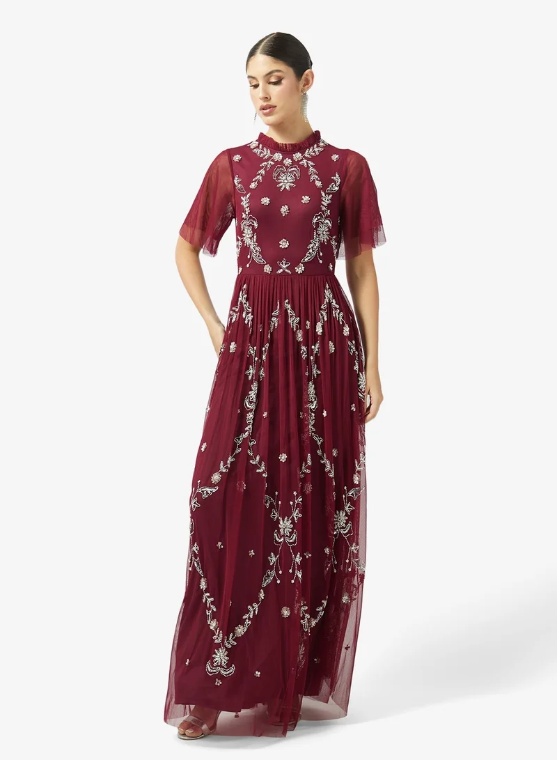 Frock And Frill  Embroidered Mesh Short Sleeve Maxi Dress for Women | Best Price UAE