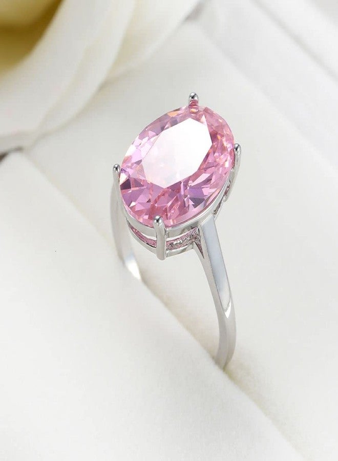 LRGKMCWTOB 925 Sterling Silver Shiny Full Diamond Handmade Ring Oval Pink Cubic Zirconia Anniversary Promise Cocktail Rings CZ Diamond Multi Row Ring Eternity Engagement Wedding Band Ring (Size 6) - Image 1