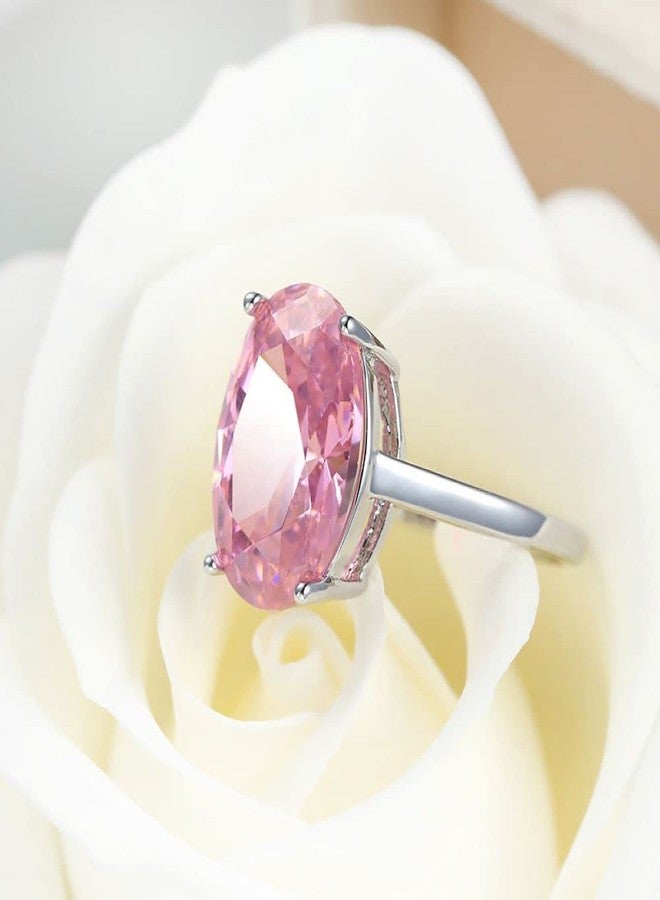LRGKMCWTOB 925 Sterling Silver Shiny Full Diamond Handmade Ring Oval Pink Cubic Zirconia Anniversary Promise Cocktail Rings CZ Diamond Multi Row Ring Eternity Engagement Wedding Band Ring (Size 6) - Image 3