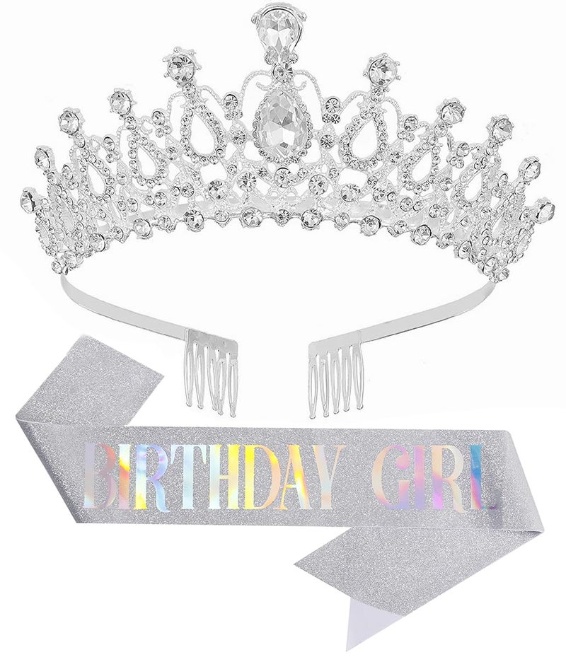 Papoopy Birthday Tiara and Crown with Sash for Women, Hair Accessories for Wedding Party Costume (B - Silver) - Image 1
