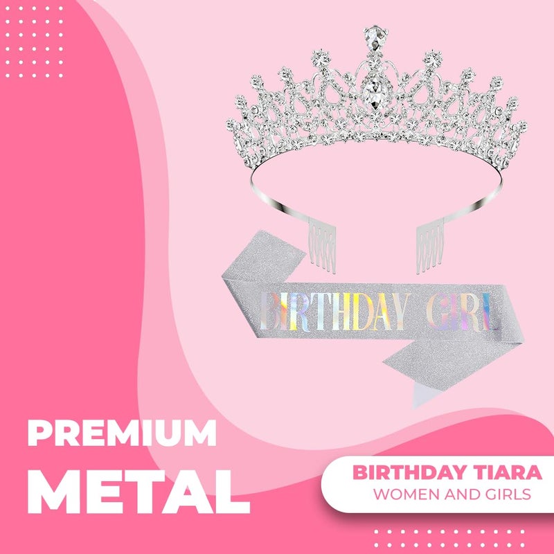 Papoopy Birthday Tiara and Crown with Sash for Women, Hair Accessories for Wedding Party Costume (B - Silver) - Image 2