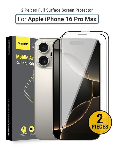 2 Pieces Apple iPhone 16 Pro Max Screen Protector – Premium Edge to Edge Tempered Glass, High Transparency, Delicate Touch, Anti-Explosion, Smooth Arc Edges, Easy Installation