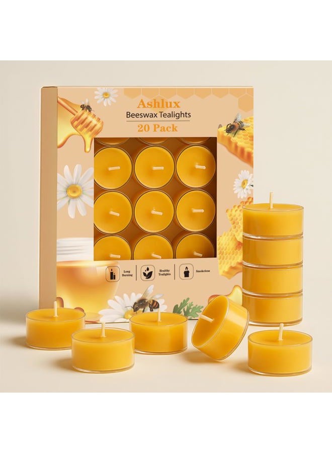 Ashlux Unscented Beeswax Tea Lights Candles 20 Pack, 4 Hours Long Burning Handmade Yellow Tealight Candles, Clear Cup Smokeless Beeswax Candles for Wedding, Christmas Lights, Centerpiece & Home Decor - Image 1