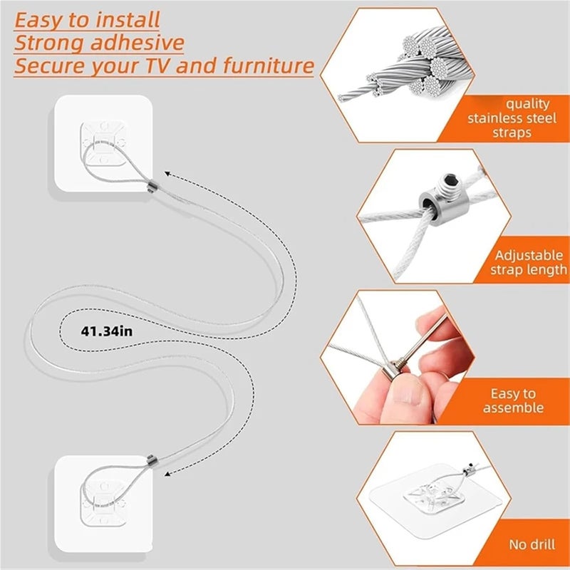 12Pcs Adjustable No Drill Adhesive Furniture Wall Anchors Anti Tip Straps - Image 5
