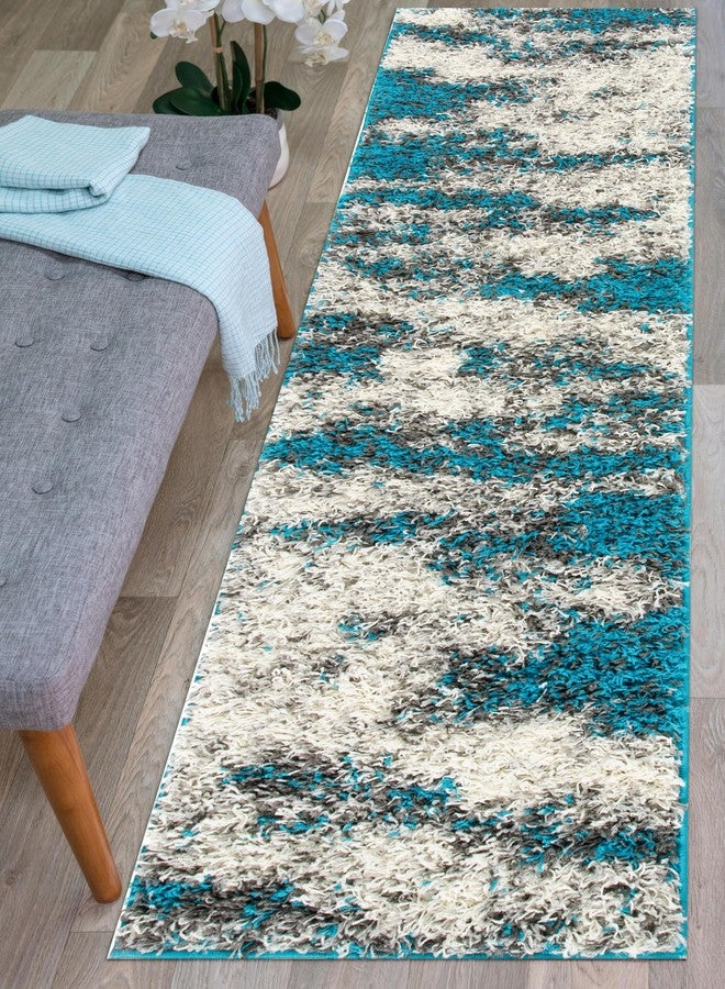 Rugshop Turquoise Contemporary Abstract Design Plush Shag Area Rug - Non-Shedding Soft for Hallway, Entryway and Bedroom, 2' x 7' - Image 1
