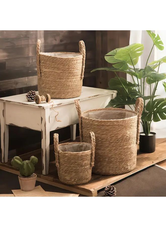 3 Pcs Nordic Round Planter Set With Handles And Plastic Lining Large Medium Small For Tall Plants Bird Of Paradise Monstera Deliciosa Laundry Basket Storage Organizer - Image 1