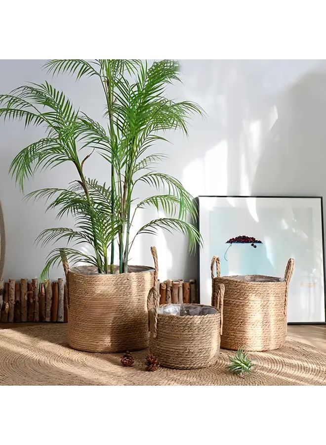 3 Pcs Nordic Round Planter Set With Handles And Plastic Lining Large Medium Small For Tall Plants Bird Of Paradise Monstera Deliciosa Laundry Basket Storage Organizer - Image 2