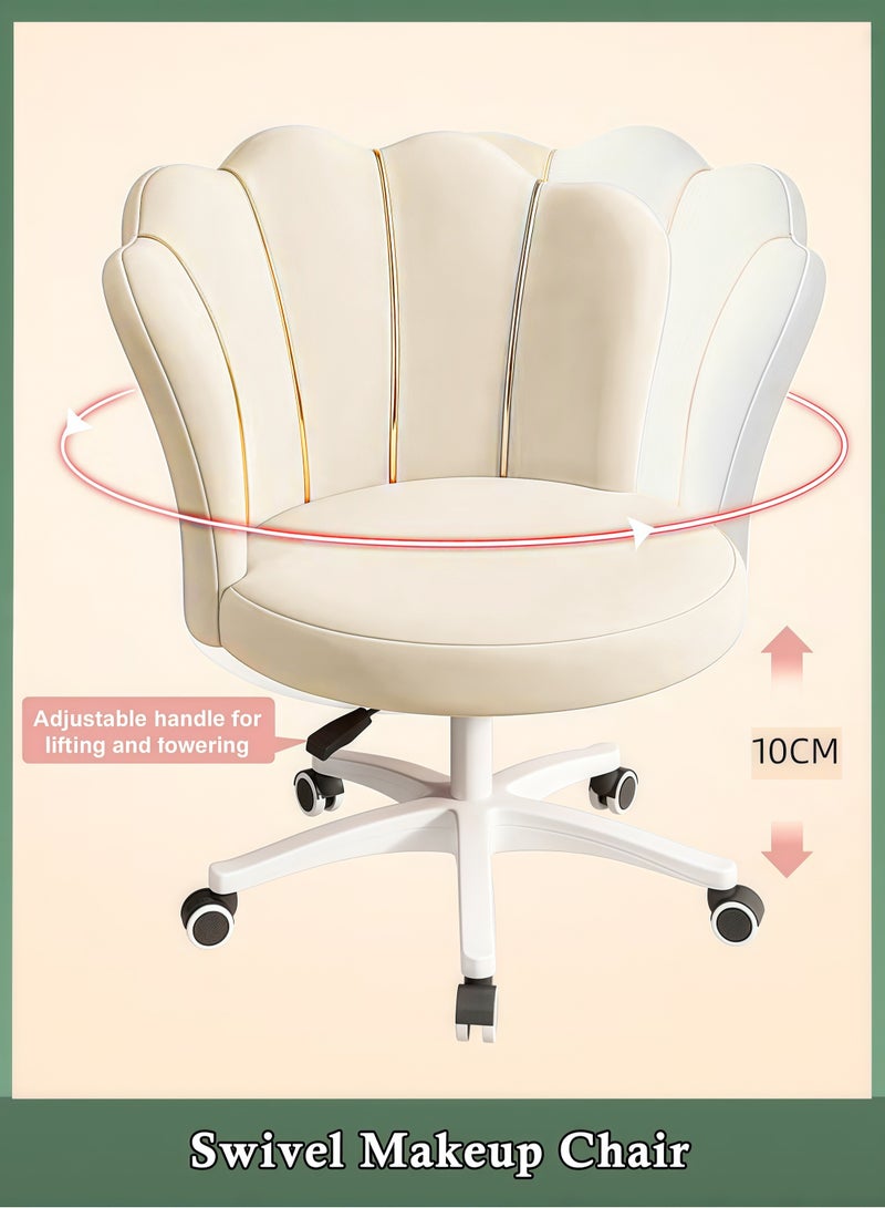 360 Degrees Adjustable Home Office Chair with Petal-Shaped Backrest Cute Vanity Chair with Wheels High Back Comfy Makeup Stool Luxury Pouf Nordic Mobile Vanity Chair Lazy Minimal Furniture Beige - Image 1