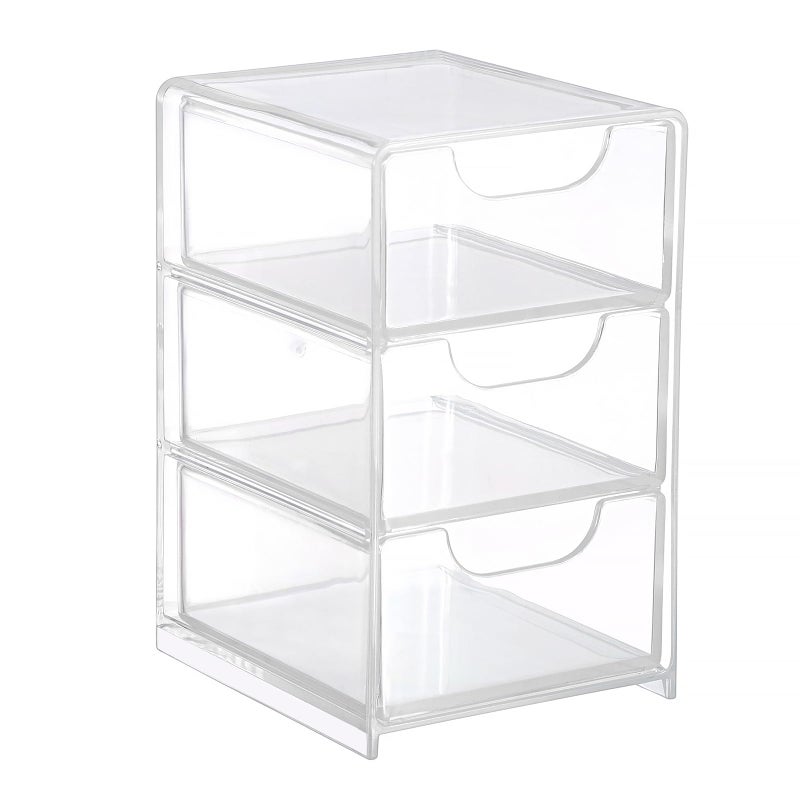 Hipiwe Acrylic Drawer Organizer Qtip Holder for Cotton Pad Cotton Swabs Makeup Storage Drawer with 3 Drawers Clear Desk Drawers Box Bathroom Counter Organizer for Home Office - Image 1