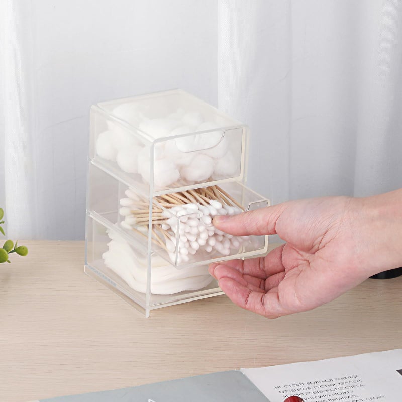 Hipiwe Acrylic Drawer Organizer Qtip Holder for Cotton Pad Cotton Swabs Makeup Storage Drawer with 3 Drawers Clear Desk Drawers Box Bathroom Counter Organizer for Home Office - Image 3