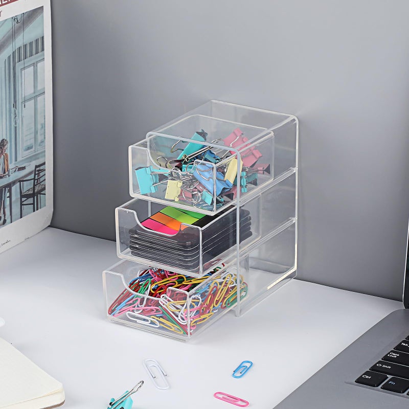 Hipiwe Acrylic Drawer Organizer Qtip Holder for Cotton Pad Cotton Swabs Makeup Storage Drawer with 3 Drawers Clear Desk Drawers Box Bathroom Counter Organizer for Home Office - Image 5