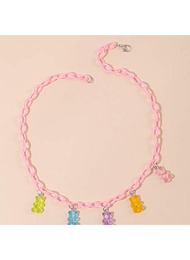 COLORFUL BLING Cute Small Bear Acrylic Chain Necklace Resin Candy Color Gummy Bear Simple Jewelry For Women Girlspink  - Image 3