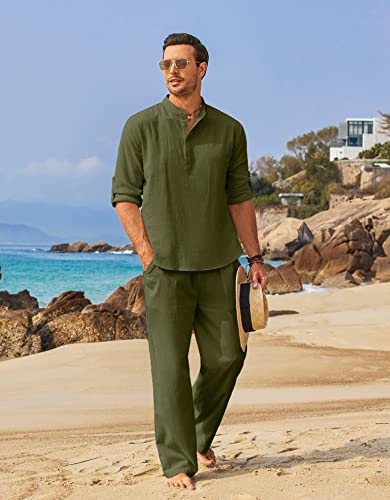 COOFANDY Mens 2 Pieces Cotton Linen Set Long Sleeve Henley Shirts Casual Beach Pants With Pockets Summer Yoga Outfits - Image 3