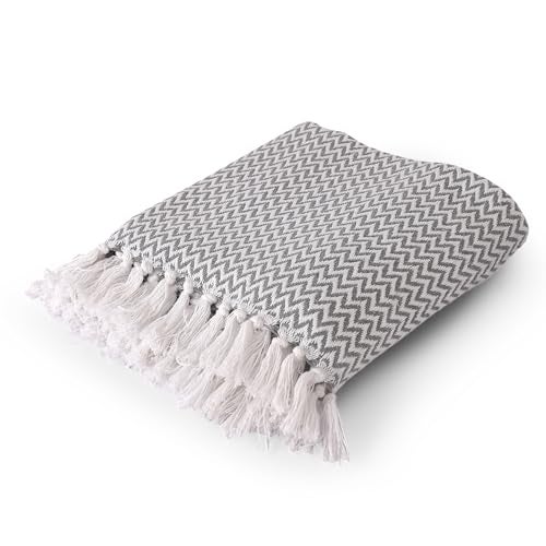 SASHAA WORLD Chevron Delight | Grey Ivory Versatile Cotton Throw Blanket | Ideal for Living Room, Sofa, Bed and Chair | 160X130 Cm - Image 1