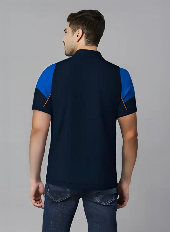 FanCode Men Navy and Royal Blue Colourblocked Half Sleeves Polo Collar T-Shirt  - Image 2