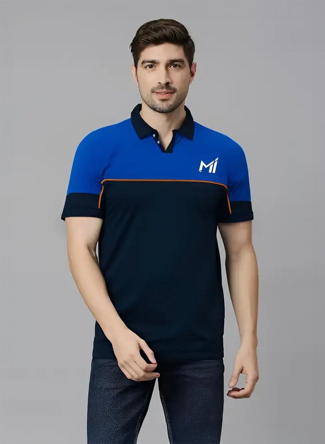 FanCode Men Navy and Royal Blue Colourblocked Half Sleeves Polo Collar T-Shirt  - Image 1