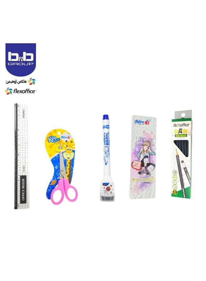 FLEXOFFICE Combo drawing set in a polypropylene box, with a coloring book, crayon, watercolors, one set of pencils, pencil case, scissors, highlighter, whiteboard marker, ruler accessories, luxury portable drawing supplies set, safe and high-quality drawing tools, ideal for children and adults for drawing, sketching and coloring. - Image 2