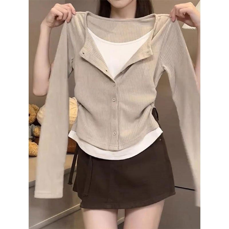 Style Fake Two-Piece Long-Sleeve T-Shirt For Women, Autumn New Design, Niche Slim-Fit Slimming Top, - Image 3