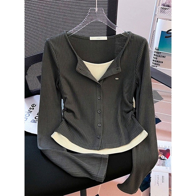 Style Fake Two-Piece Long-Sleeve T-Shirt For Women, Autumn New Design, Niche Slim-Fit Slimming Top, - Image 5